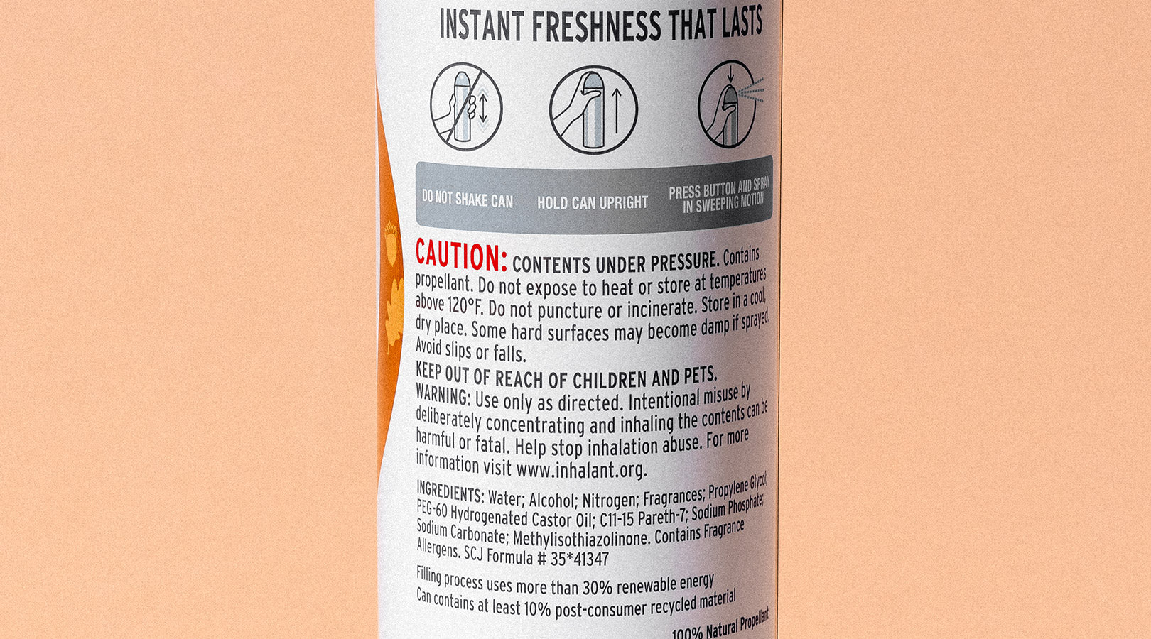 Photo of the warning found on a back of aerosol air freshener. Brings to question the safety of using aerosol air fresheners in a living environment.